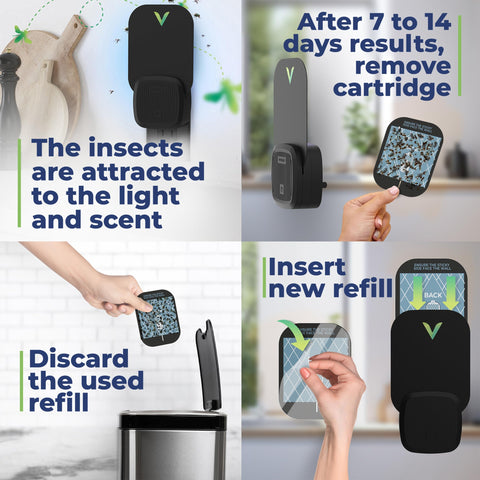 VEYOFLY en encimera de cocina controlando moscas de la fruta cerca de frutas