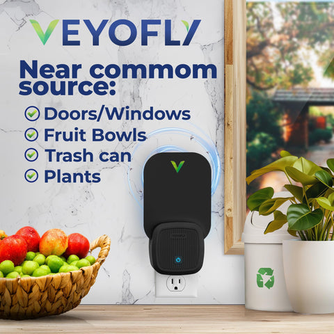 VEYOFLY enchufado en cocina evitando moscas de la fruta cerca de alimentos
