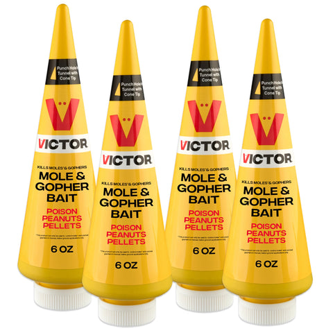 Victor envase frontal del 4-pack mostrando aspecto y marca para control de topos