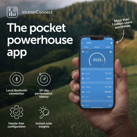 Victron Energy pantalla de VictronConnect en móvil, permite monitorizar rendimiento en tiempo real