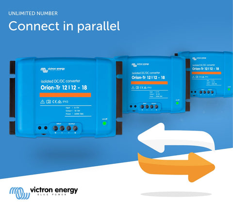 Victron Energy Orion-Tr al lado de batería para comparar tamaño y facilitar la planificación de montaje
