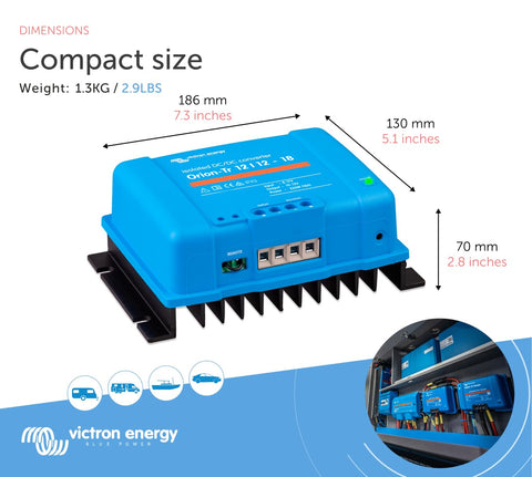 Victron Energy etiqueta y placa técnica del Orion-Tr indicando modelo y ventajas técnicas