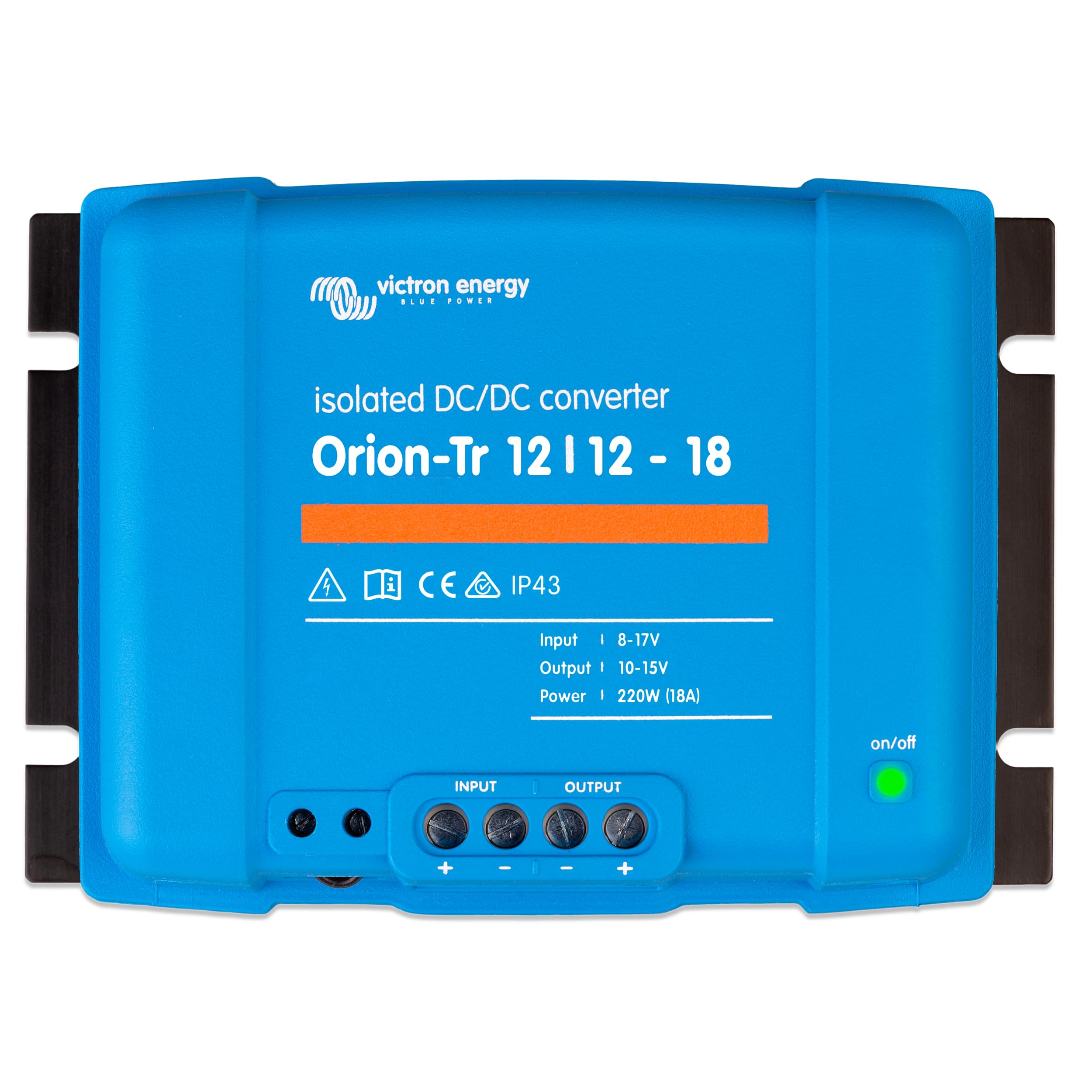 Victron Energy vista frontal del Orion-Tr que muestra su carcasa robusta y beneficio de instalación limpia