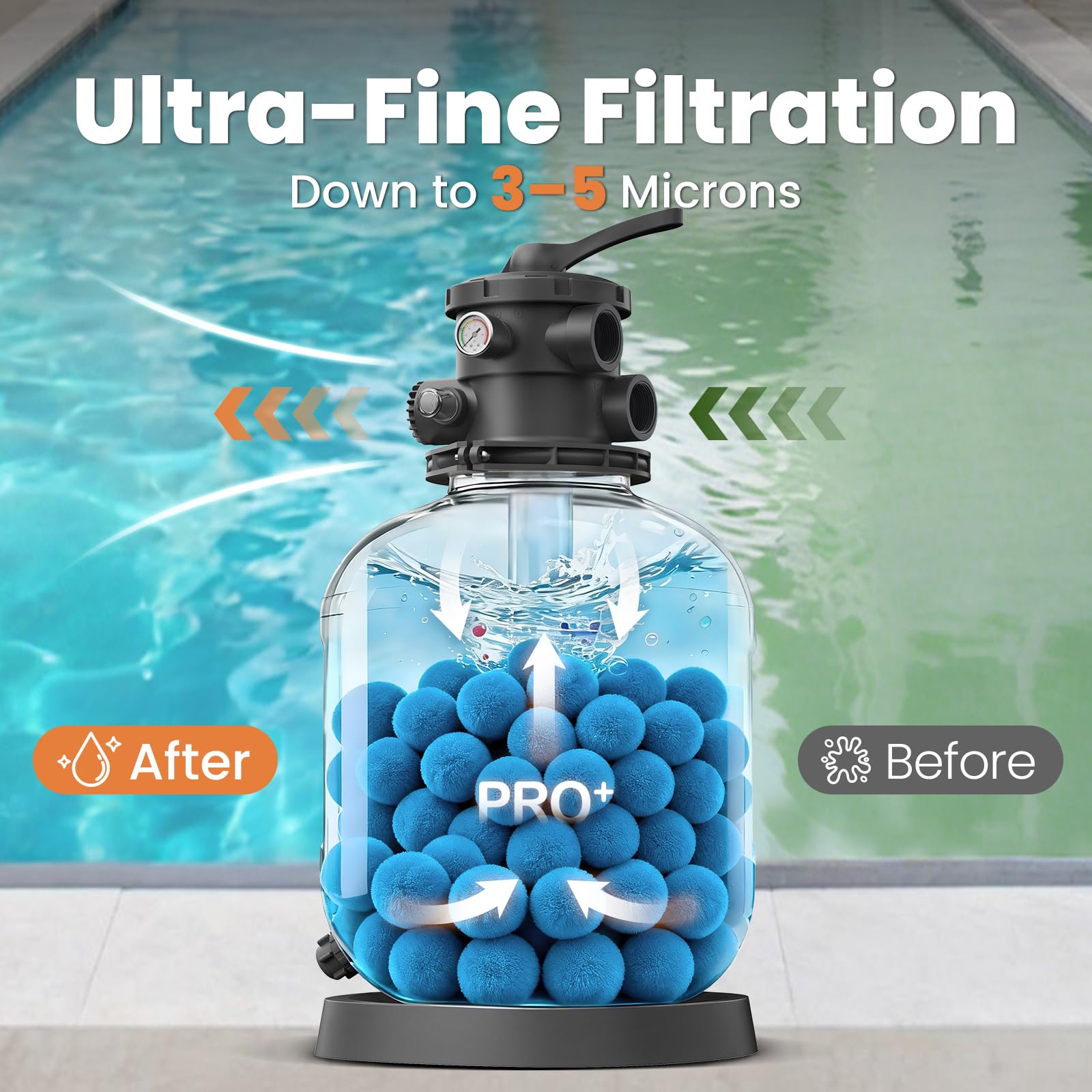 Vidapool bolas instaladas en filtro demostrando filtrado fino y mejor circulación
