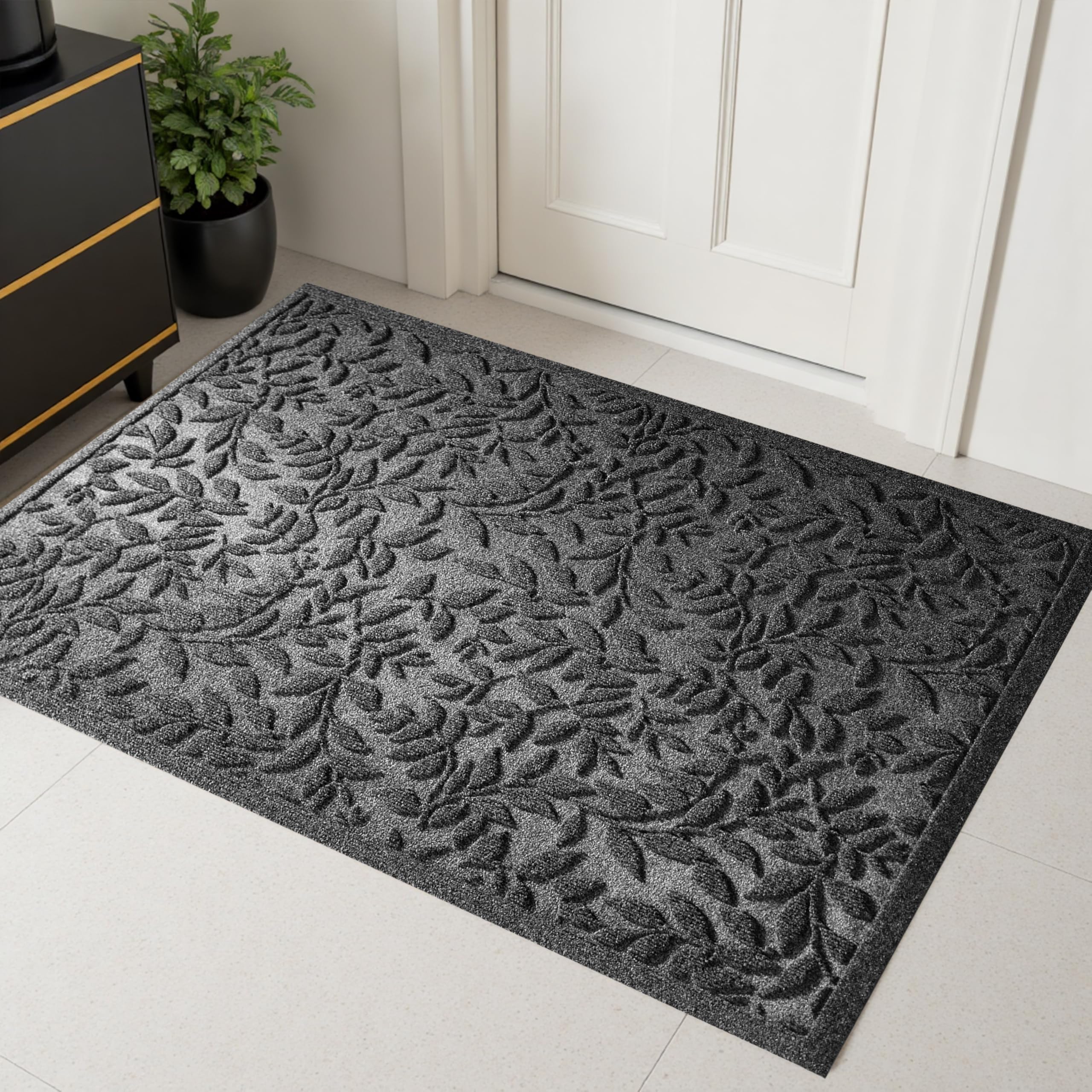 VivaNest felpudo frontal hojas gris con diseño absorbente y elegante