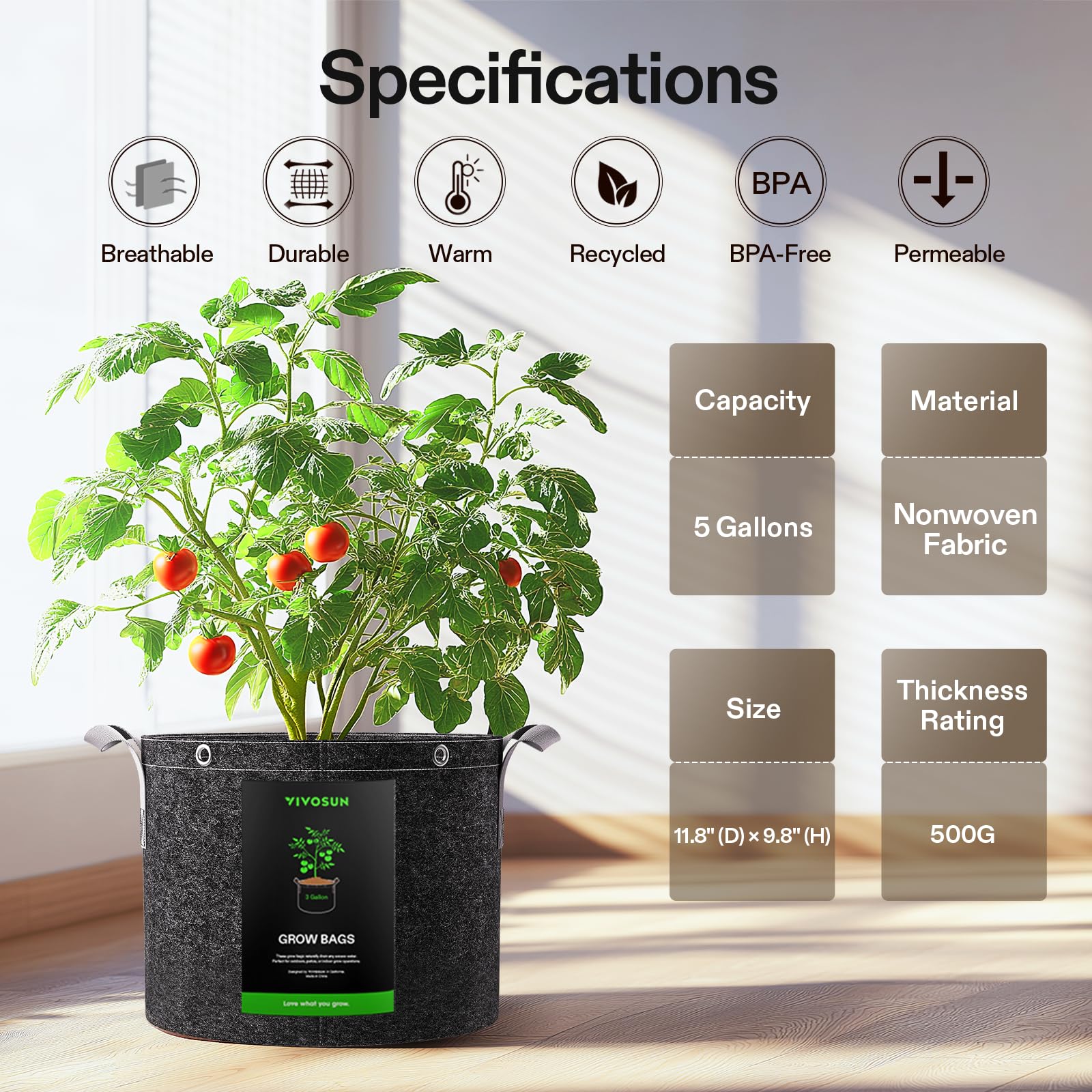 VIVOSUN comparación de tamaño con mano para visualizar capacidad