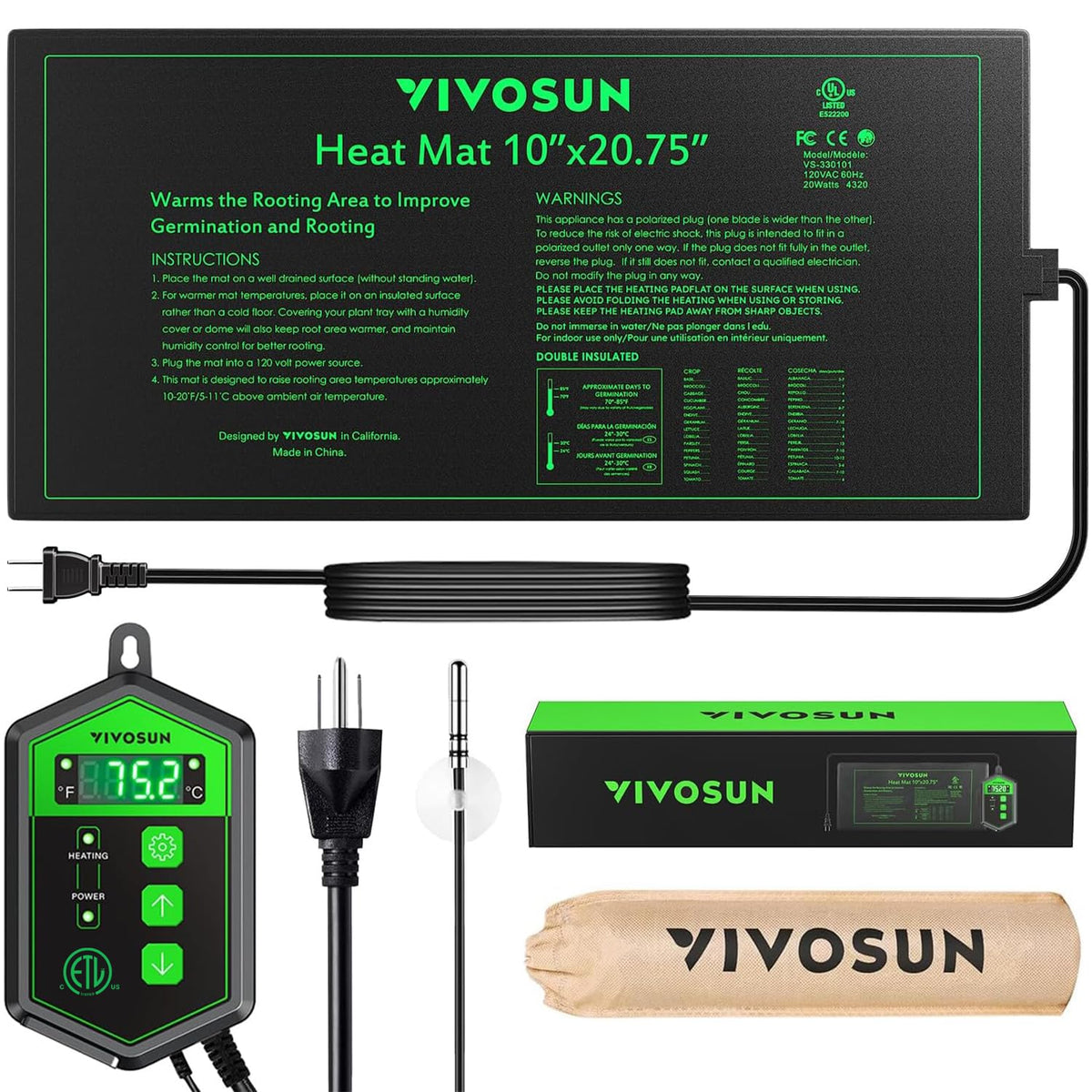 VIVOSUN esterilla frontal en su empaque mostrando tamaño y marca, facilita instalación