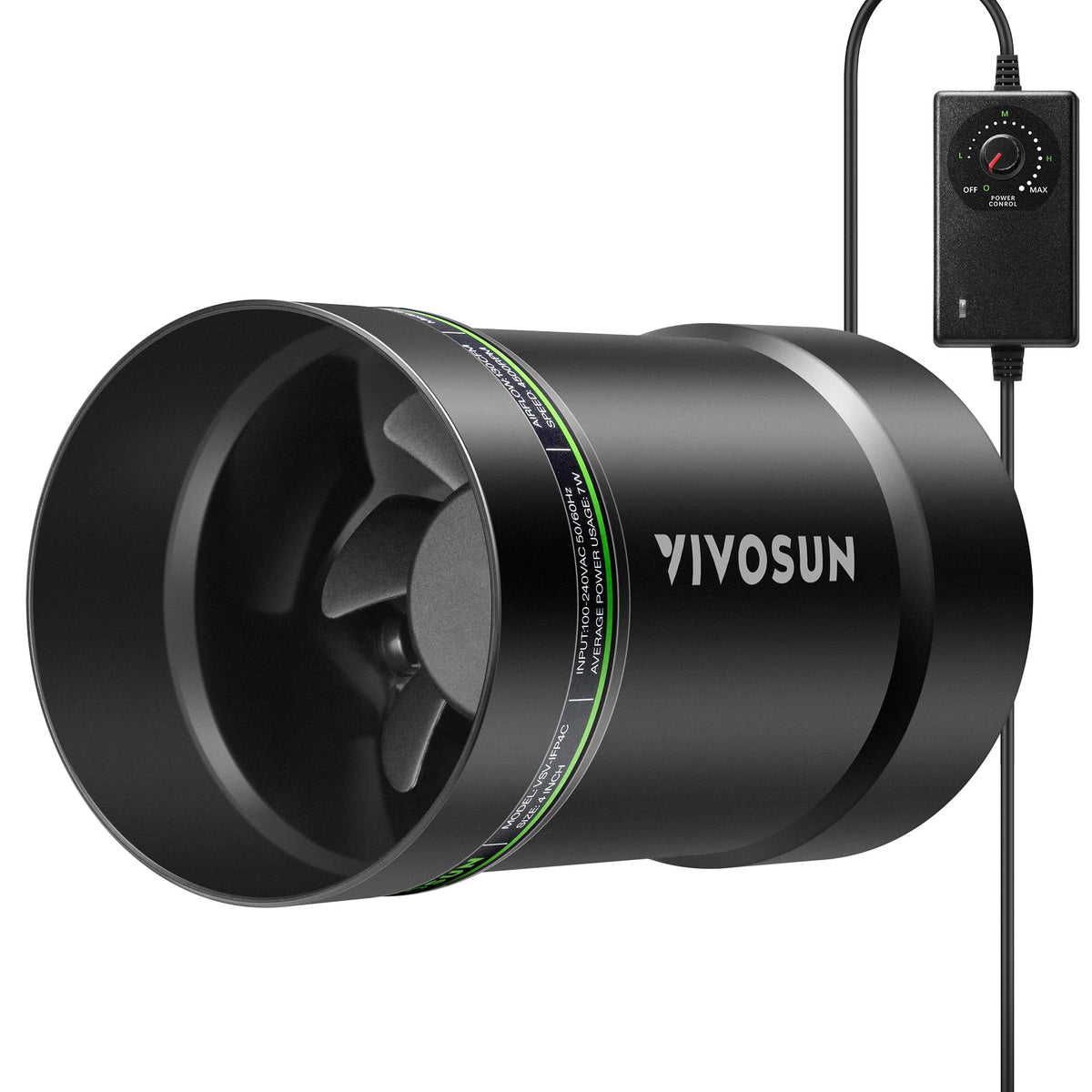 VIVOSUN extractor frontal mostrando diseño compacto y potencia