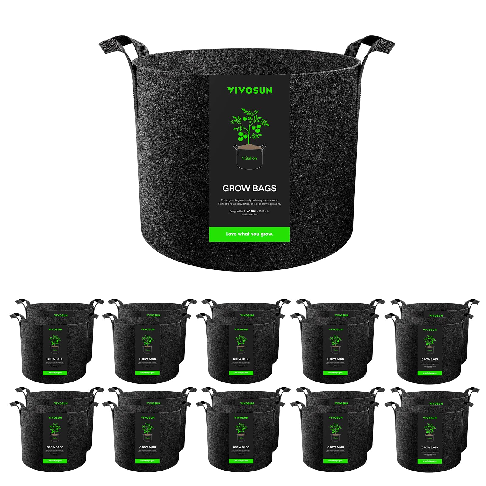 VIVOSUN pack de 20 bolsas de cultivo 1 galón mostrando el frente y empaque práctico