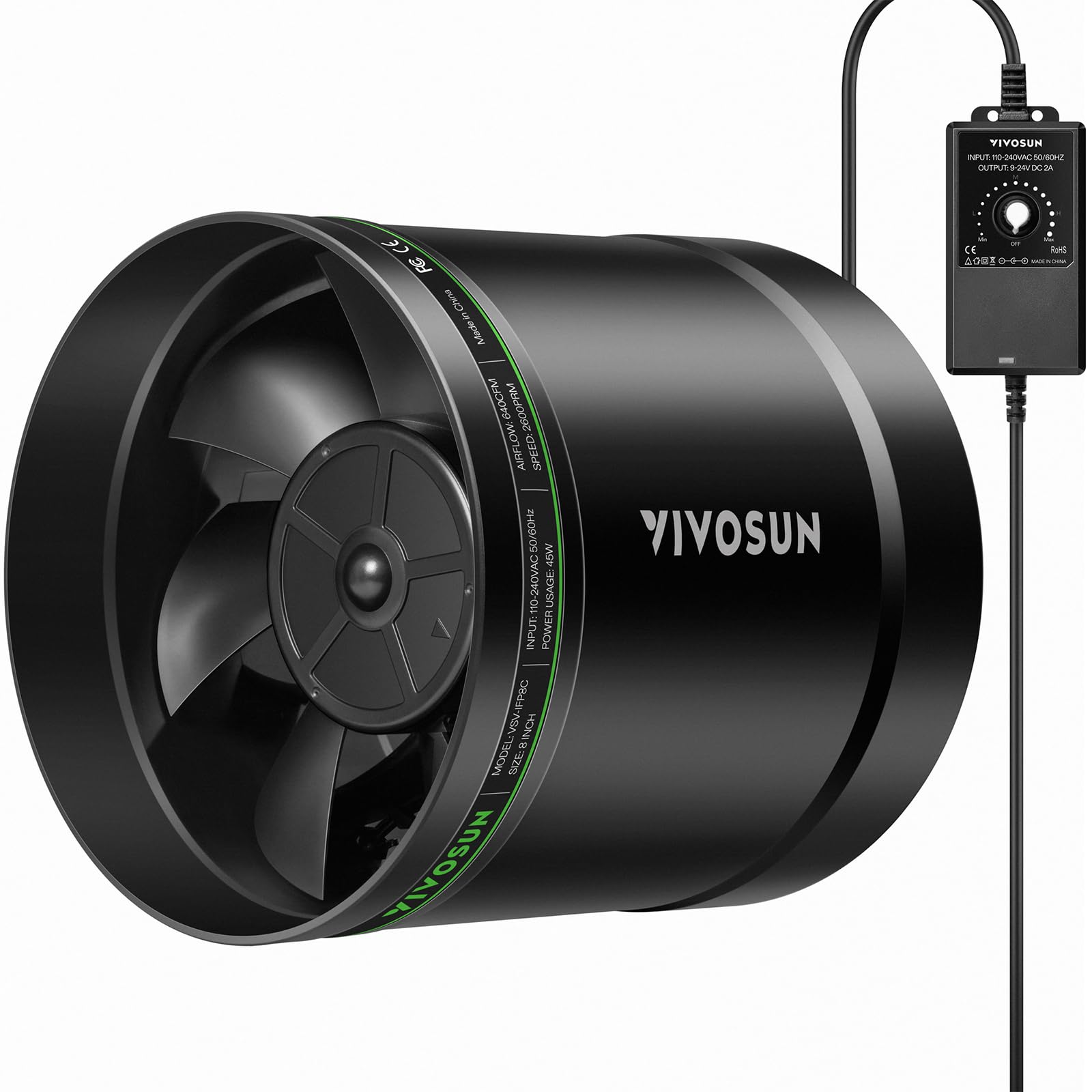 VIVOSUN ventilador inline frontal mostrando montaje rápido y potencia