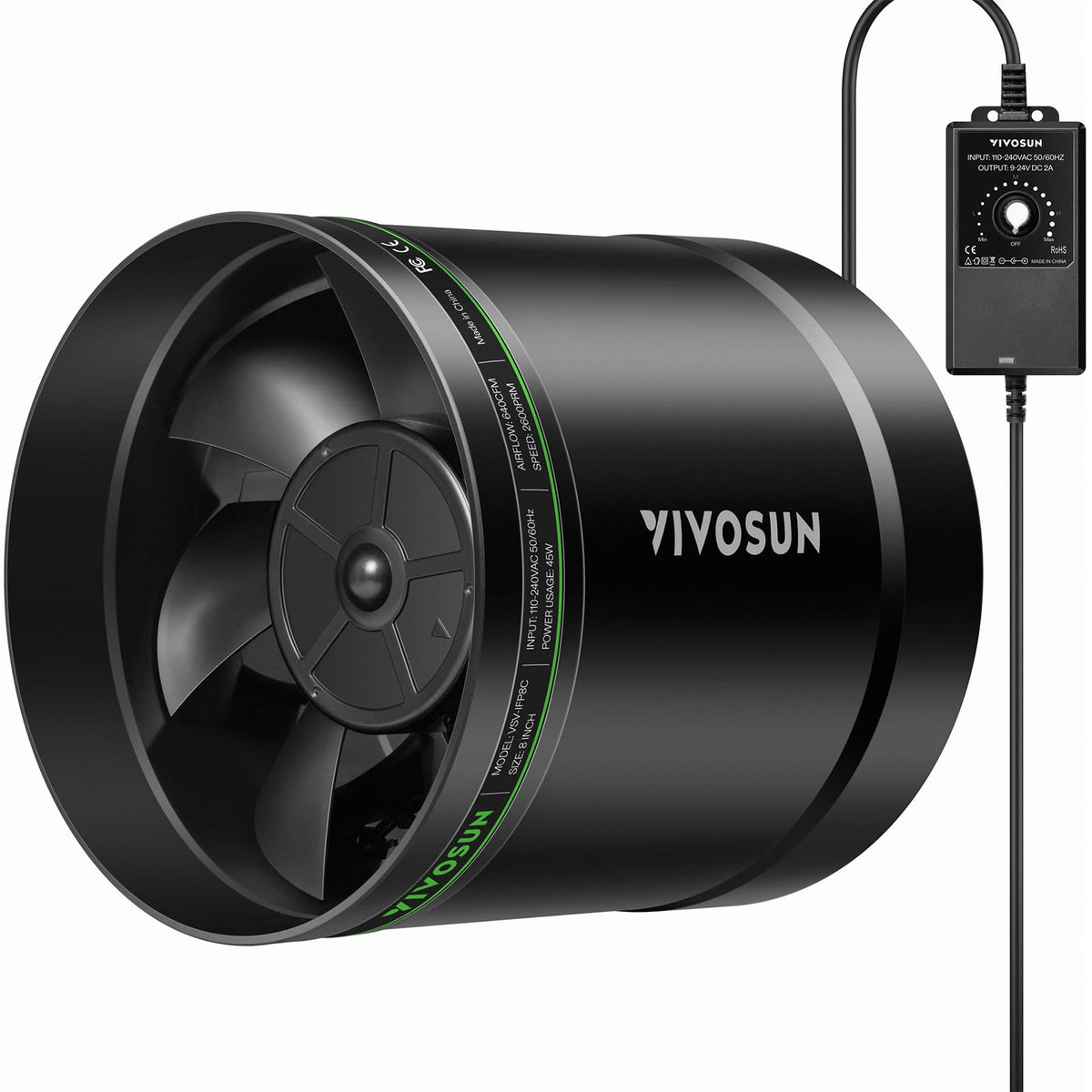 VIVOSUN ventilador inline frontal mostrando montaje rápido y potencia