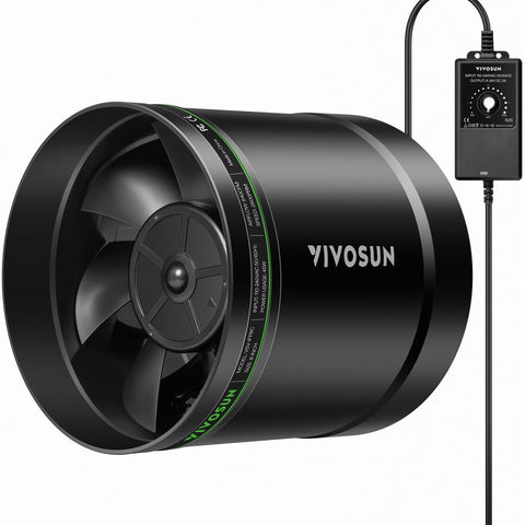 VIVOSUN ventilador inline frontal mostrando montaje rápido y potencia