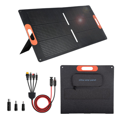 VLAIAN panel frontal mostrando diseño plegable y potencia 100W beneficios portabilidad