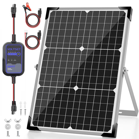 Voltset panel frontal 30W mostrando celdas monocristral para mayor eficiencia