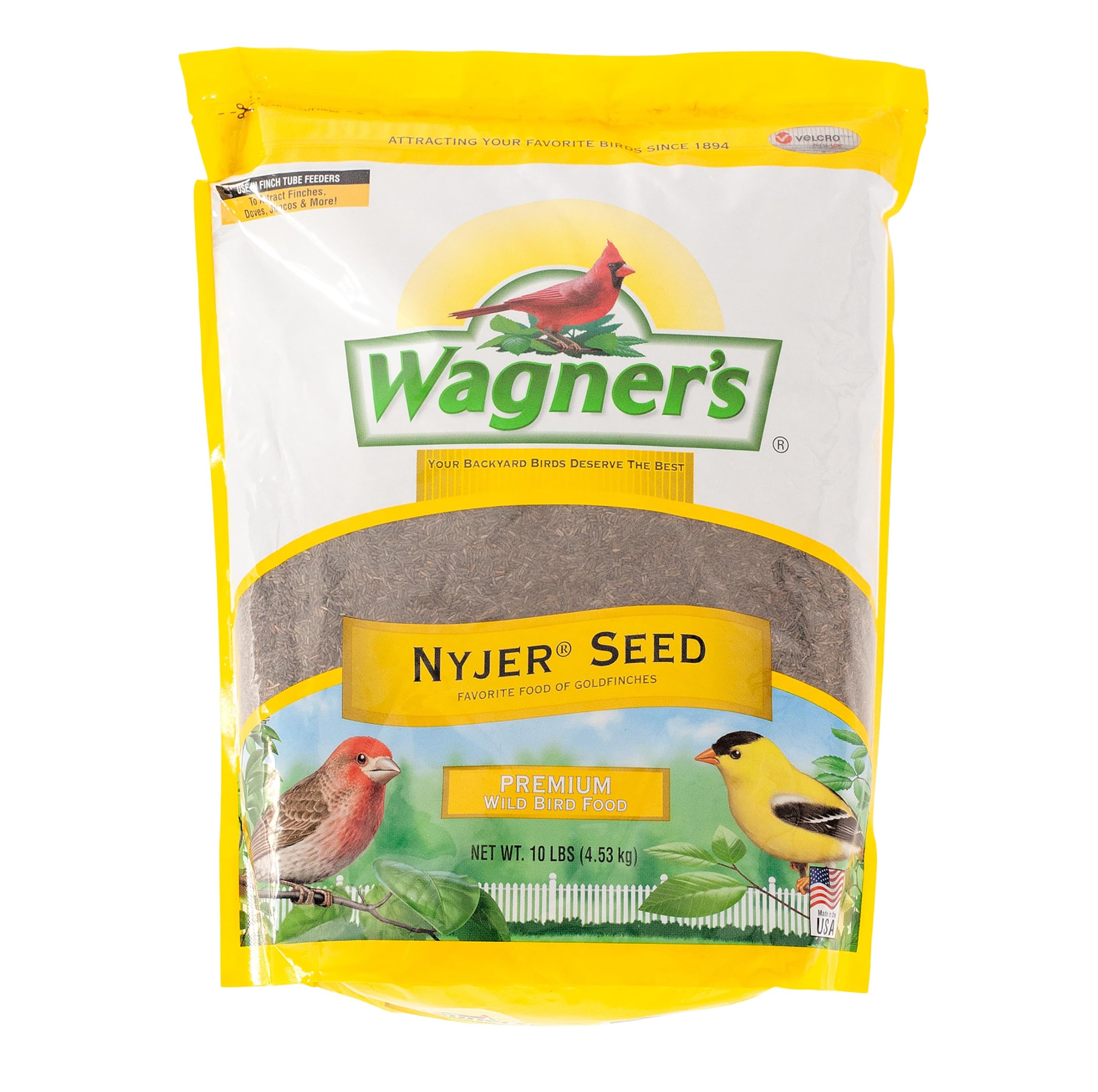 Wagner's bolsa frontal de nyjer 10 lb mostrando el empaque y peso