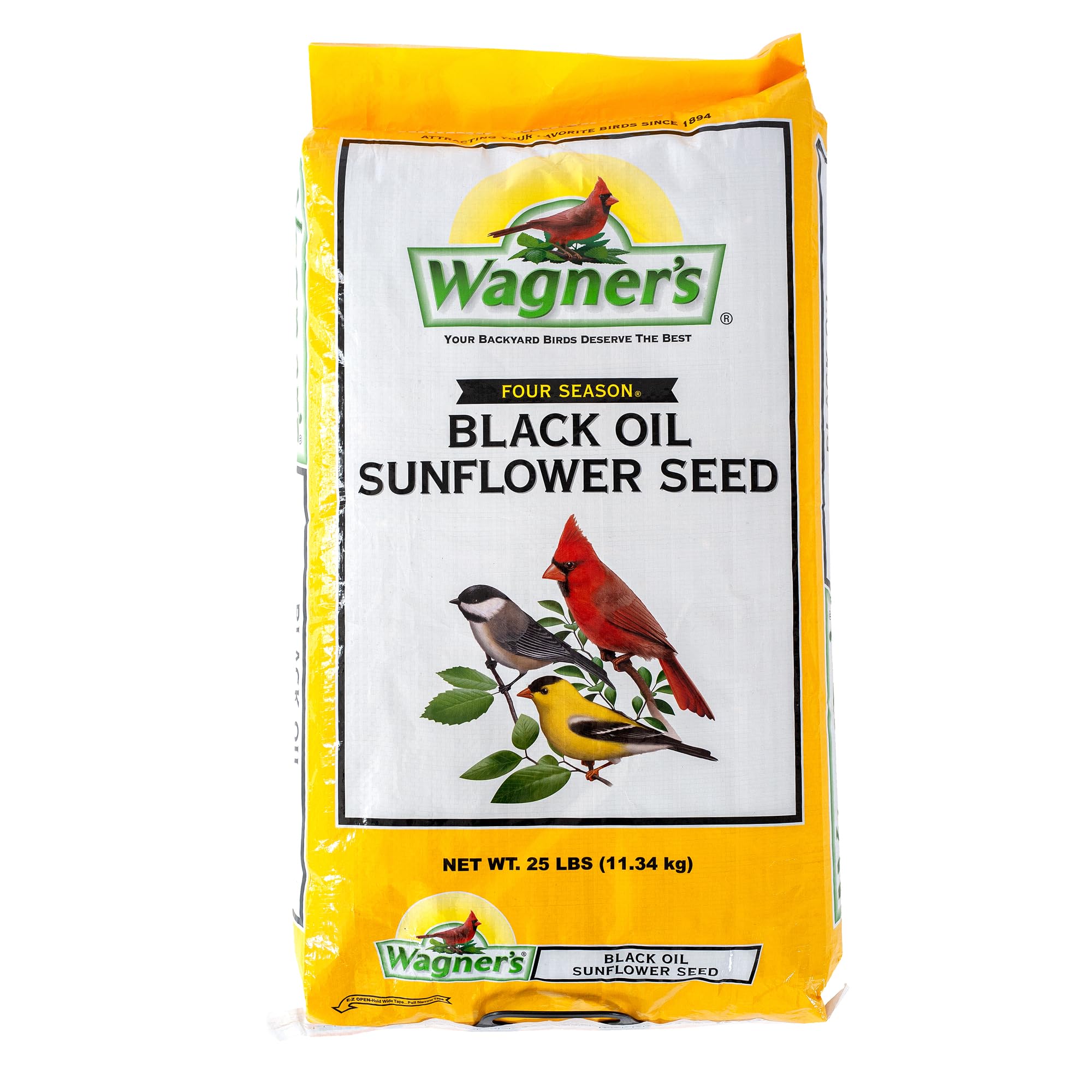 Wagner's bolsa frontal 25 lb mostrando etiquetado y cantidad, ideal para atraer aves
