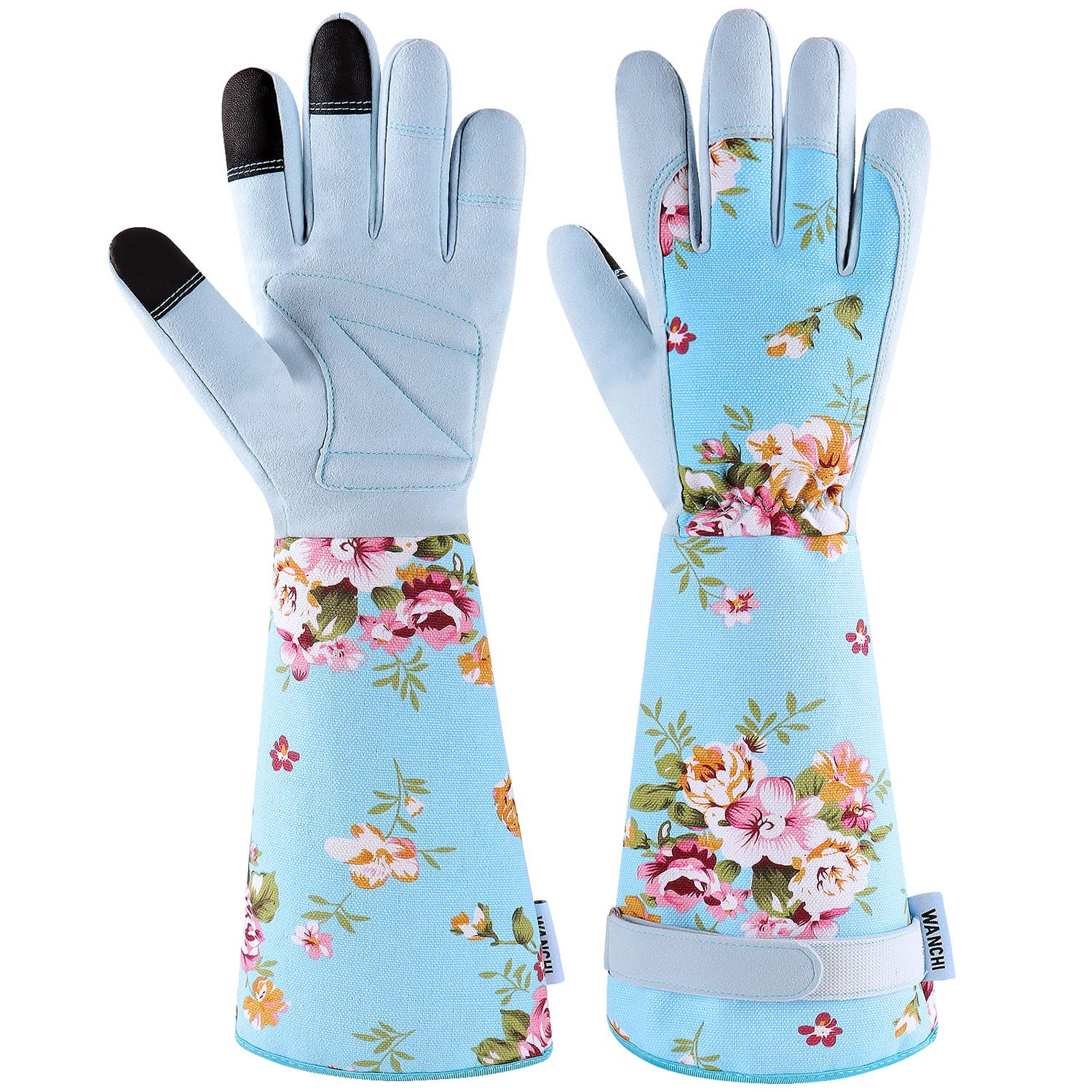 WANCHI vista frontal de guantes azul mostrando diseño floral y ajuste ergonómico