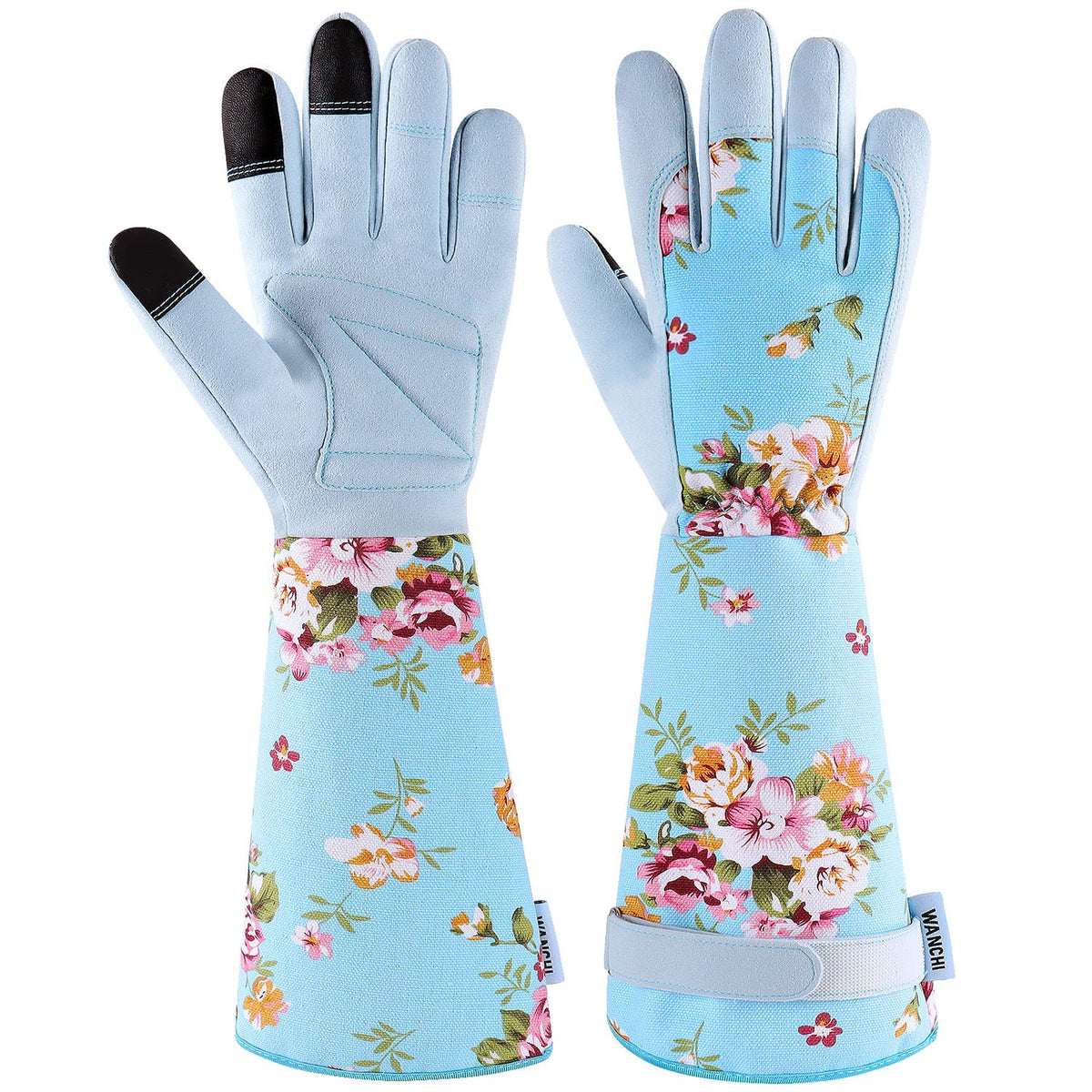 WANCHI vista frontal de guantes azul mostrando diseño floral y ajuste ergonómico
