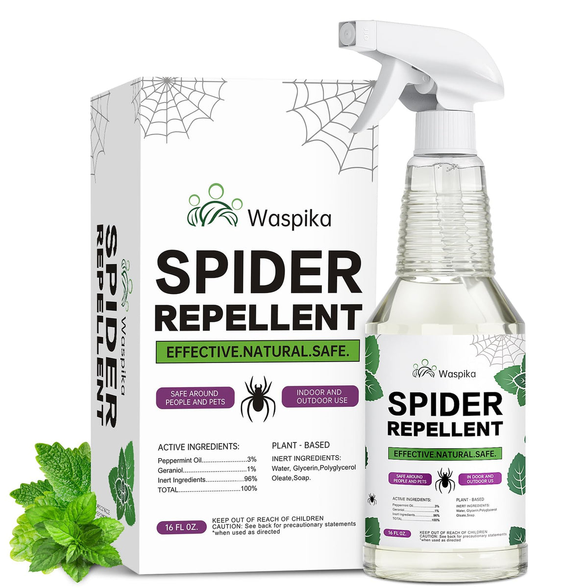 Waspika frente del envase mostrando 16 oz y marca, protección natural