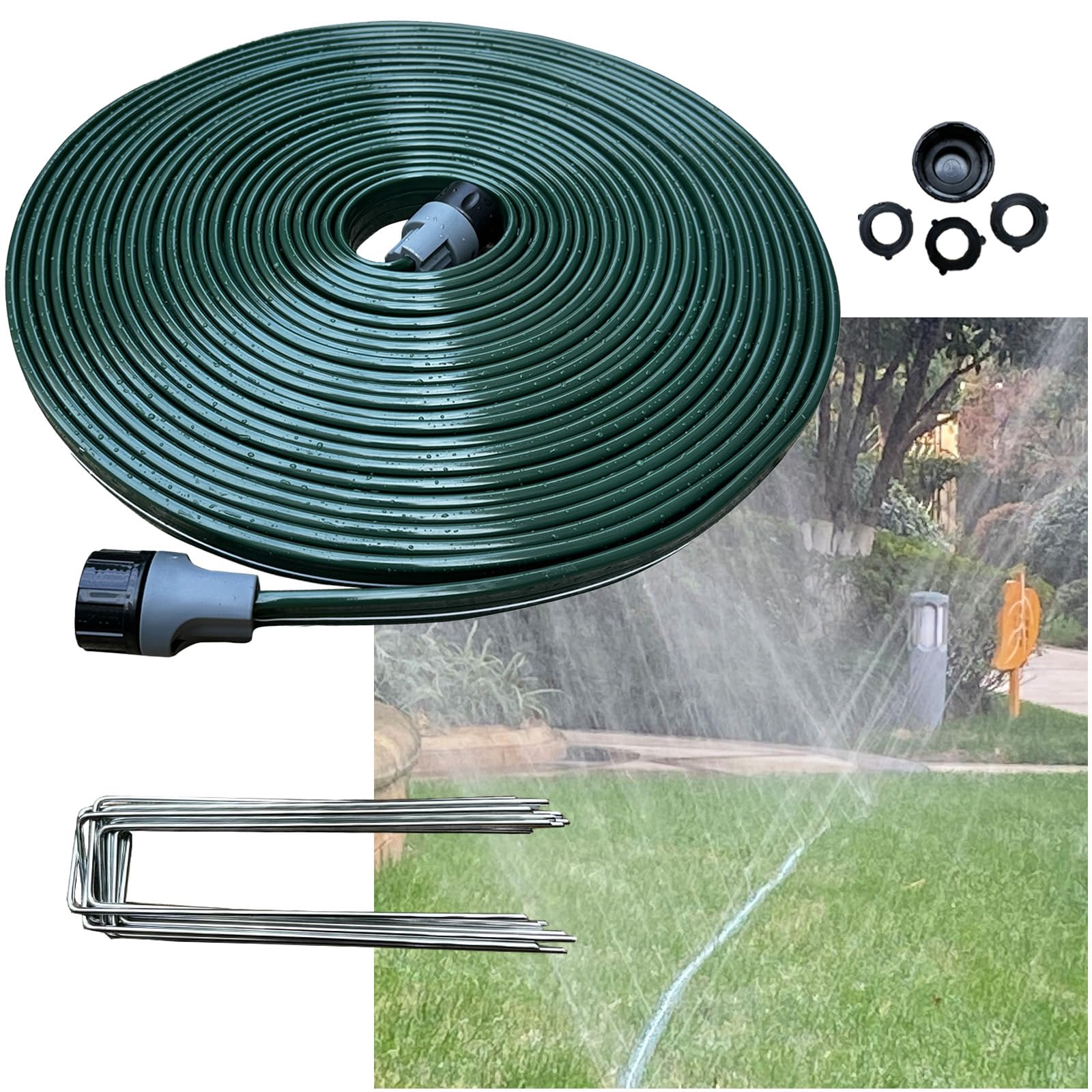 WATOO manguera plana 50 ft mostrando longitud y frente, facilita riego amplio