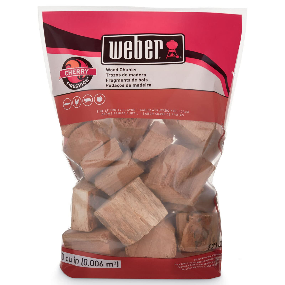 Weber bolsa de trozos de cerezo vista frontal mostrando capacidad