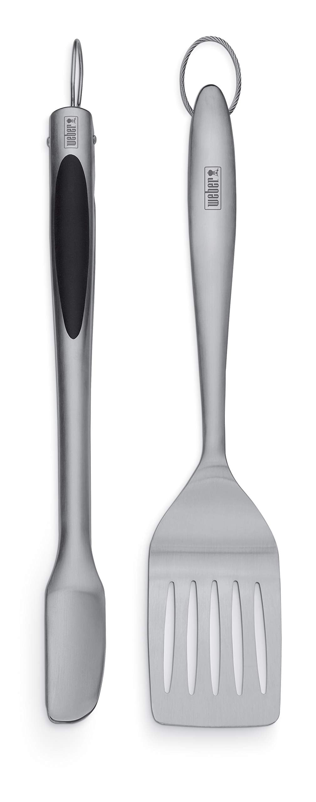 Weber juego frontal con espátula y pinzas mostrando diseño elegante y duradero