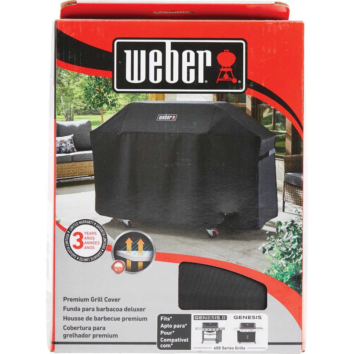 Weber funda en uso en jardín sujeta con correas anti viento
