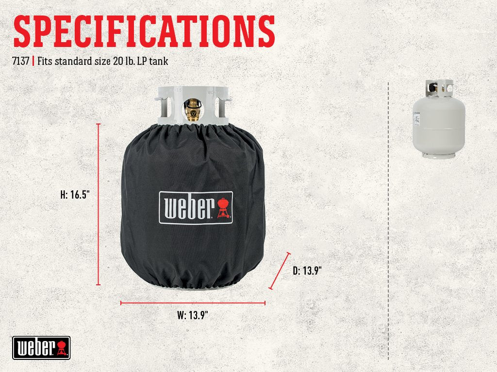 Weber funda mostrando tamaño y ajuste en tanque 20 lb