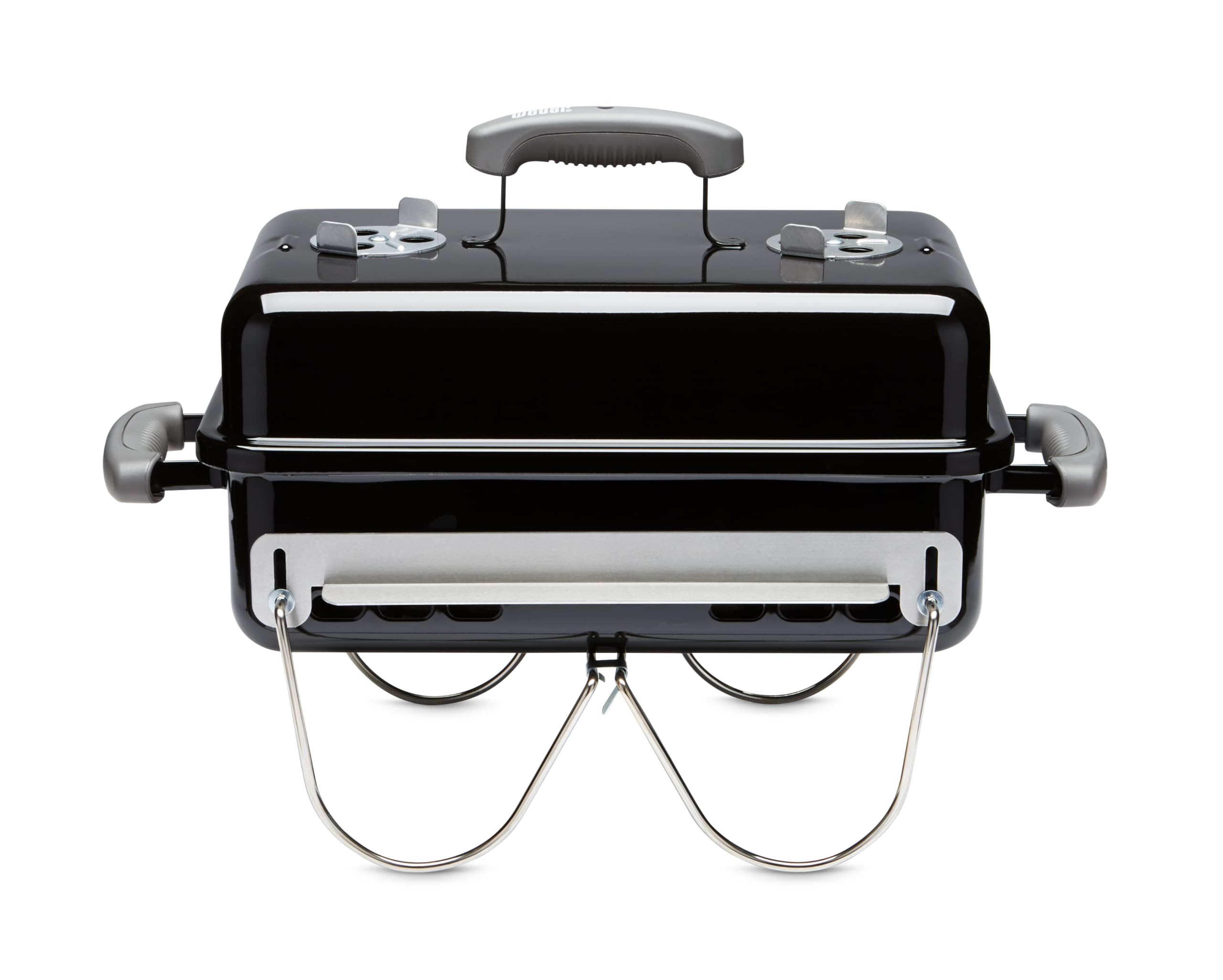 Weber Go‑Anywhere frontal cerrado mostrando portabilidad y facilidad de transporte