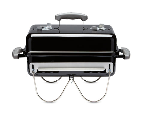 Weber Go‑Anywhere frontal cerrado mostrando portabilidad y facilidad de transporte