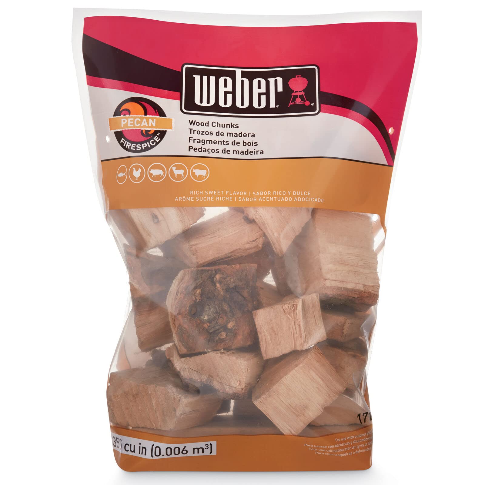 Weber trozos de pacana en empaque frontal mostrando 4 lb y beneficio de aroma