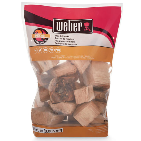 Weber trozos de pacana en empaque frontal mostrando 4 lb y beneficio de aroma