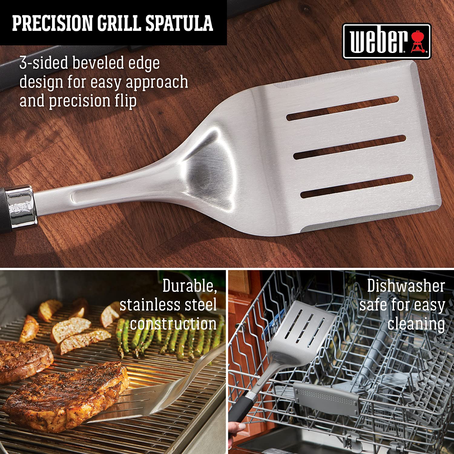 Weber Precision Grill Spatula levantando hamburguesa sobre parrilla para un volteo controlado