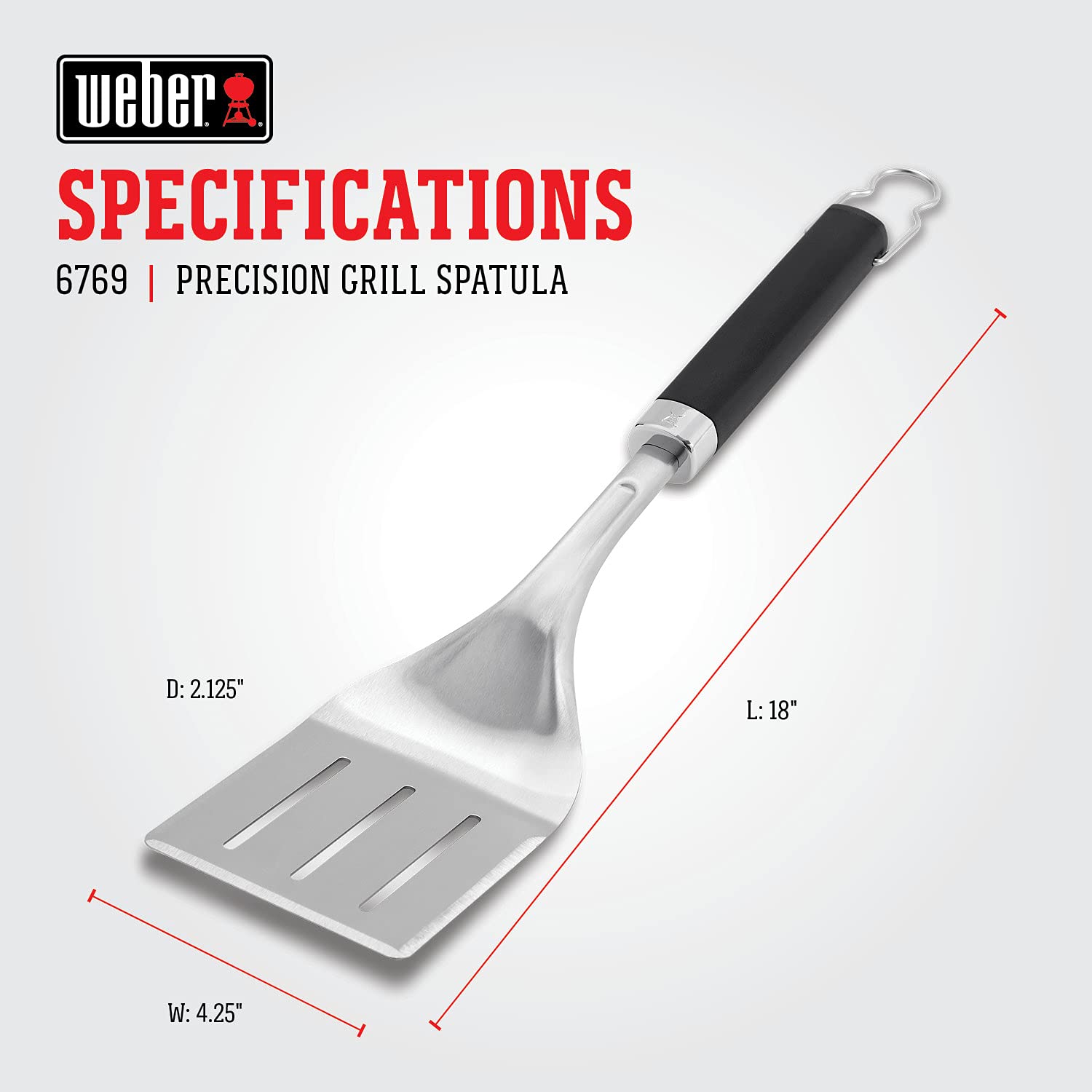 Weber Precision Grill Spatula junto a una regla para comparar tamaño y demostrar su escala práctica