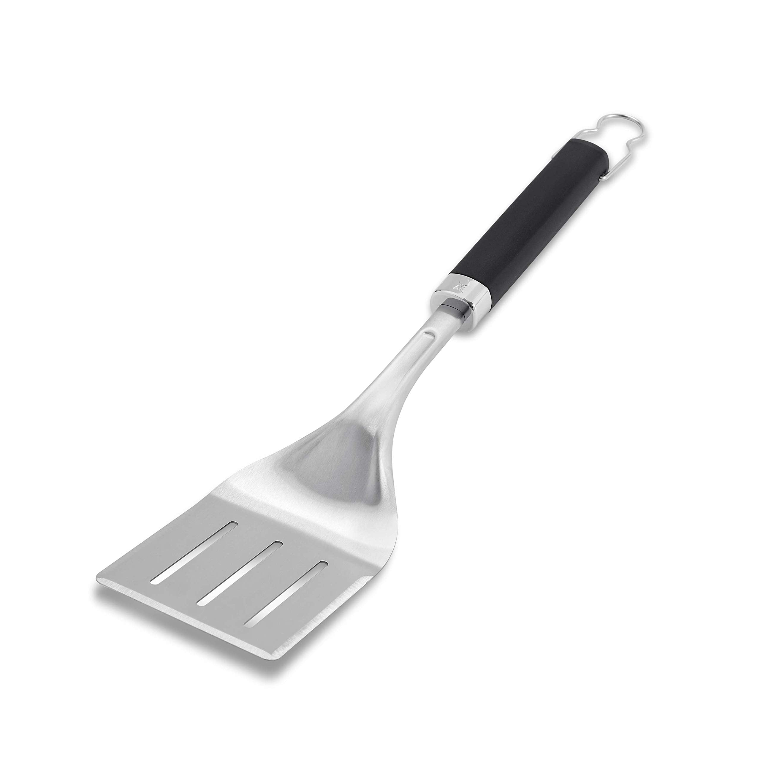 Weber Precision Grill Spatula vista frontal mostrando hoja de acero inoxidable y mango soft-touch para control