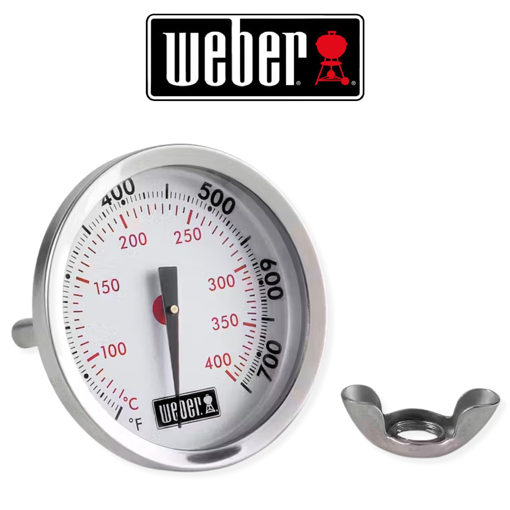 Weber termómetro montado en parrilla Genesis demostrando compatibilidad