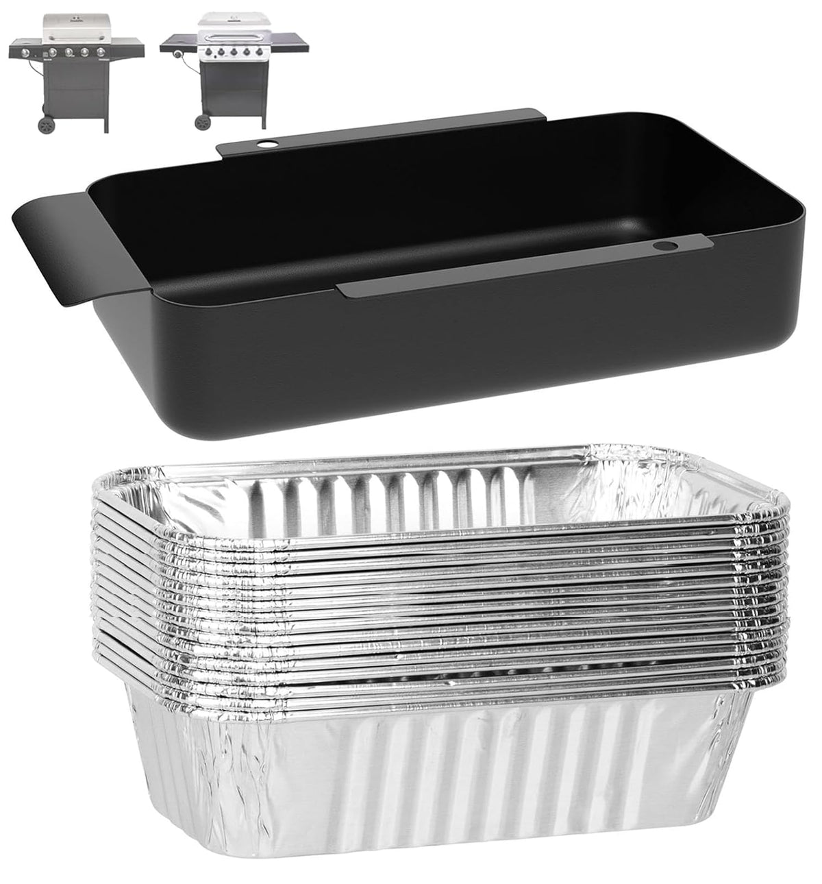 WEBROIL bandeja de grasa frontal mostrando forma y ajuste, fácil reemplazo