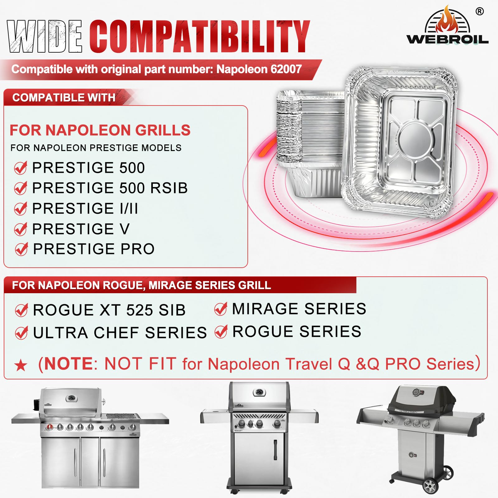 WEBROIL funda colocada en bandeja Napoleon Prestige 500, facilita limpieza inmediata
