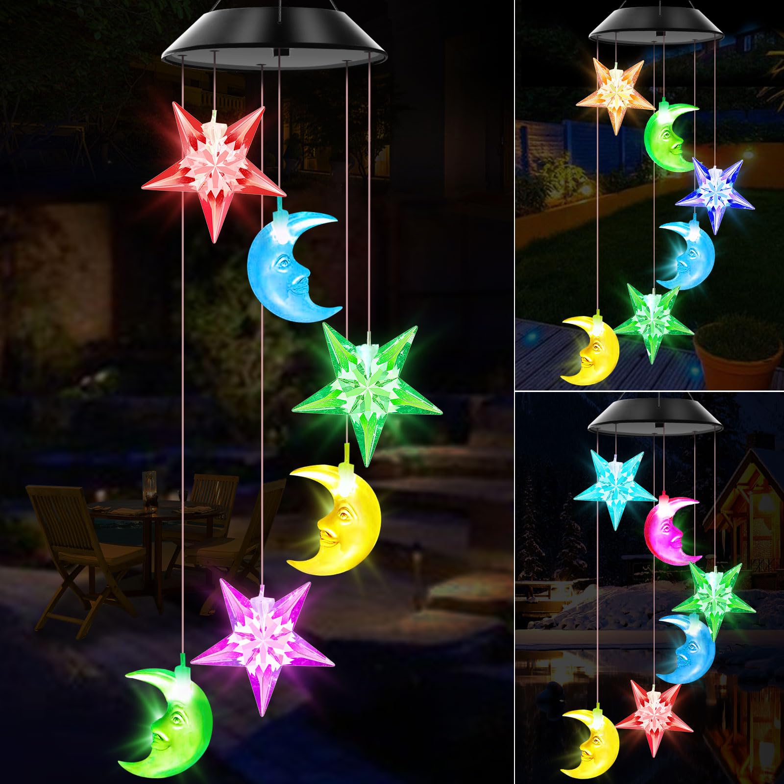 WENANA campana de viento frontal mostrando diseño estrella y luna y atractivo decorativo