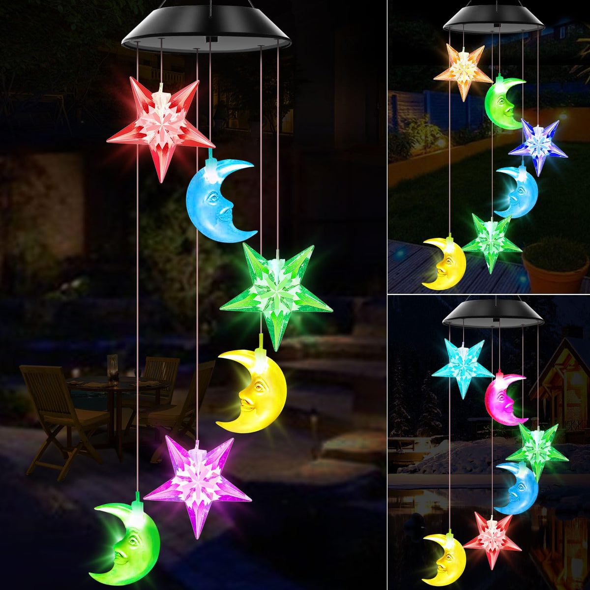WENANA campana de viento frontal mostrando diseño estrella y luna y atractivo decorativo