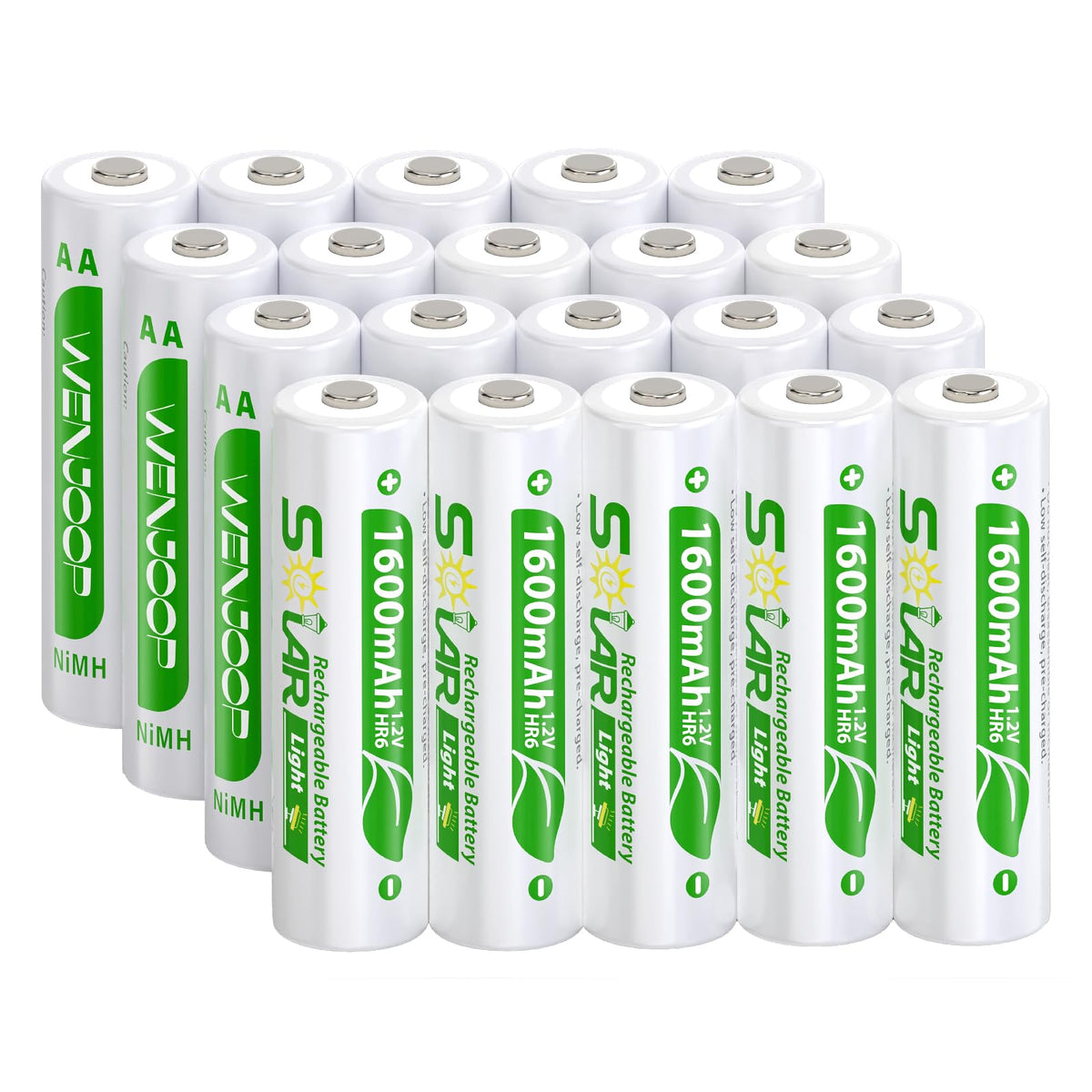 WENJOOP caja frontal con 20 pilas AA 1600mAh mostrando cantidad y marca