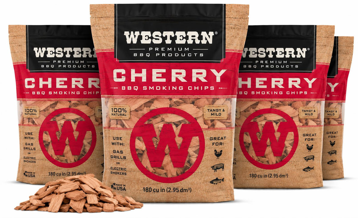 Western astillas cerezo embalaje frontal mostrando cantidad y marca