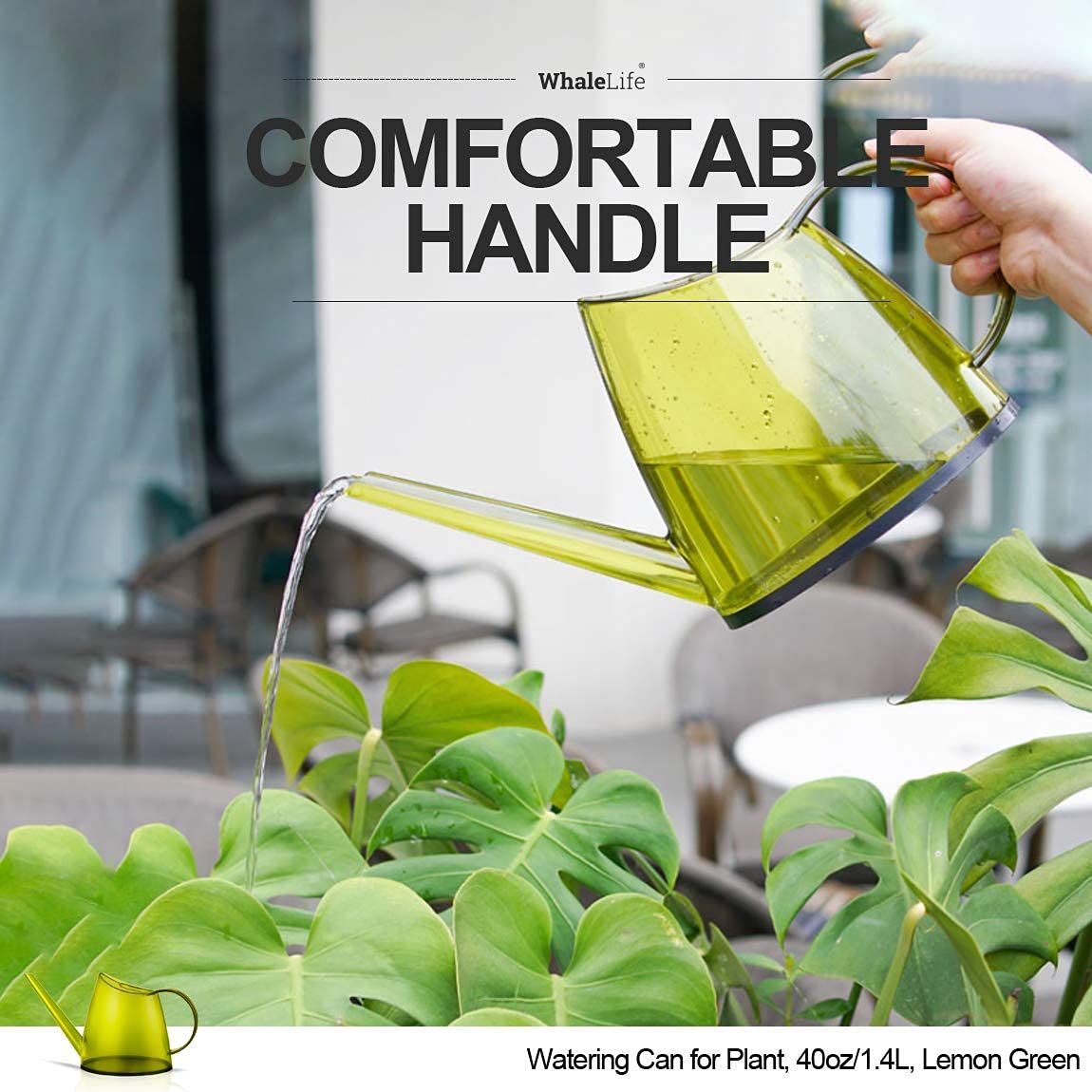 WhaleLife regadera en uso sobre escritorio, riego ordenado de plantas
