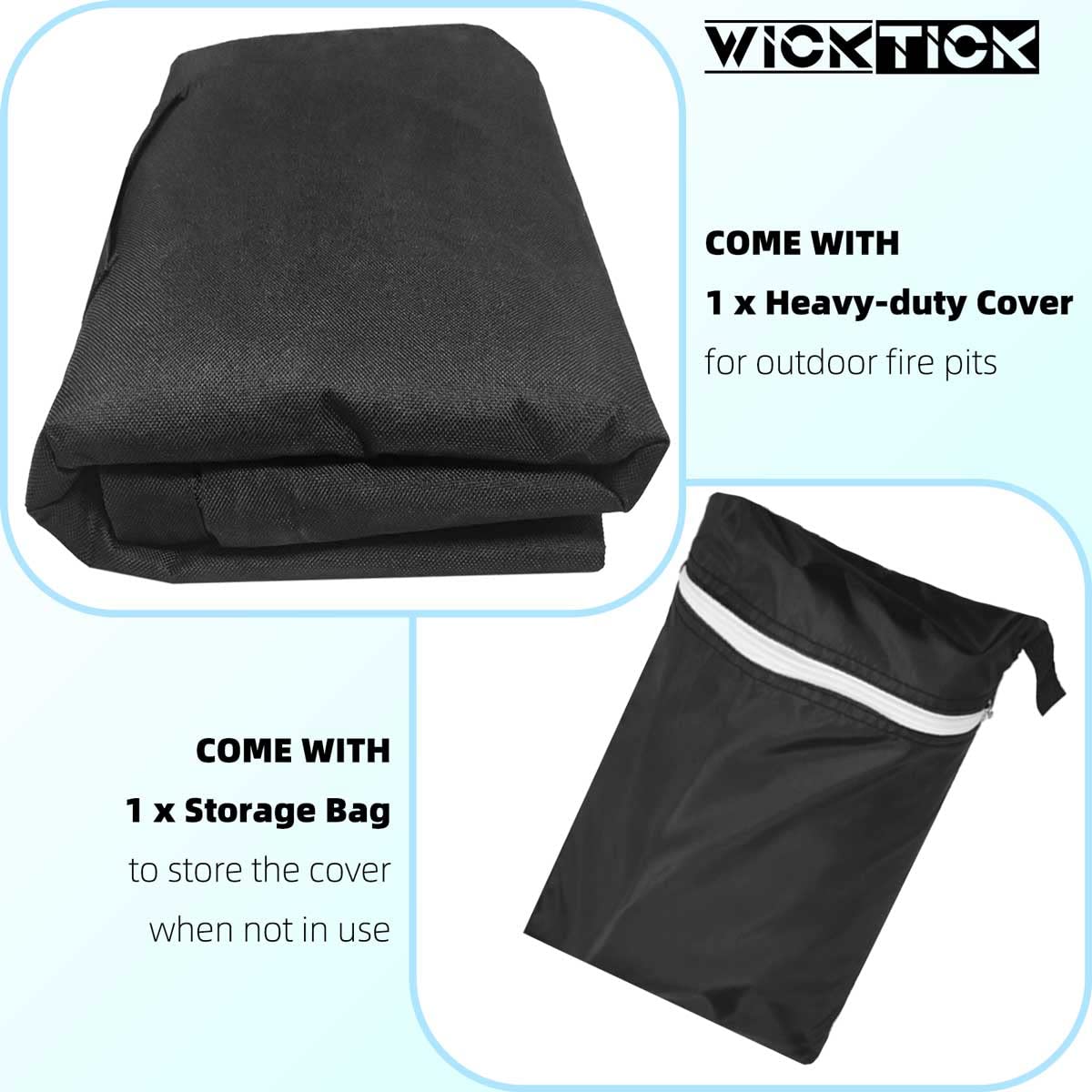 WICKTICK funda junto al firepit mostrando la escala y compatibilidad