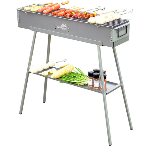 WILLBBQ parrilla frontal mostrando caja y rejilla para una cocción estable