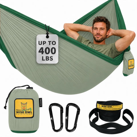 Wise Owl Outfitters hamaca frente y embalaje mostrando portabilidad