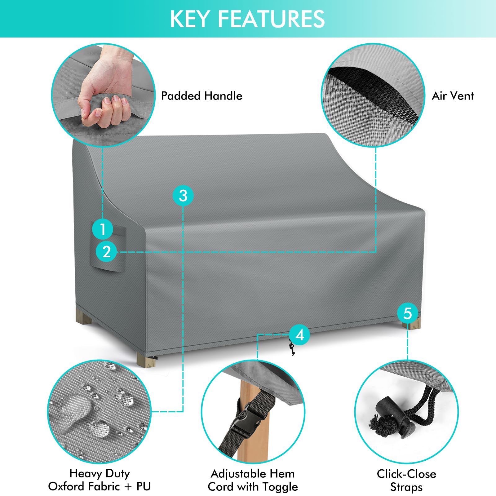 WLEAFJ funda instalada en loveseat en jardín demostrando protección contra la intemperie