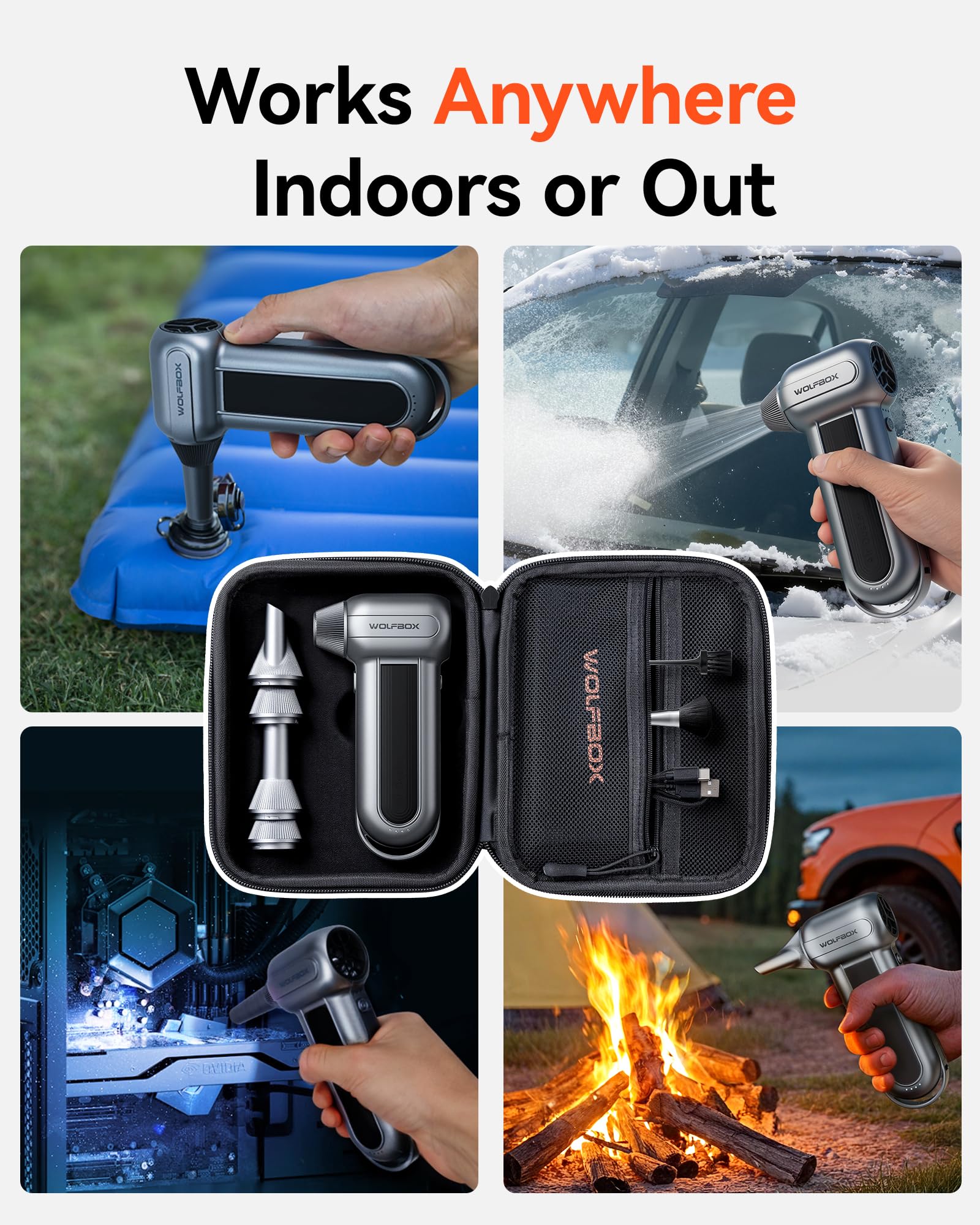 WOLFBOX interior con malla organiza boquillas y cables eficazmente