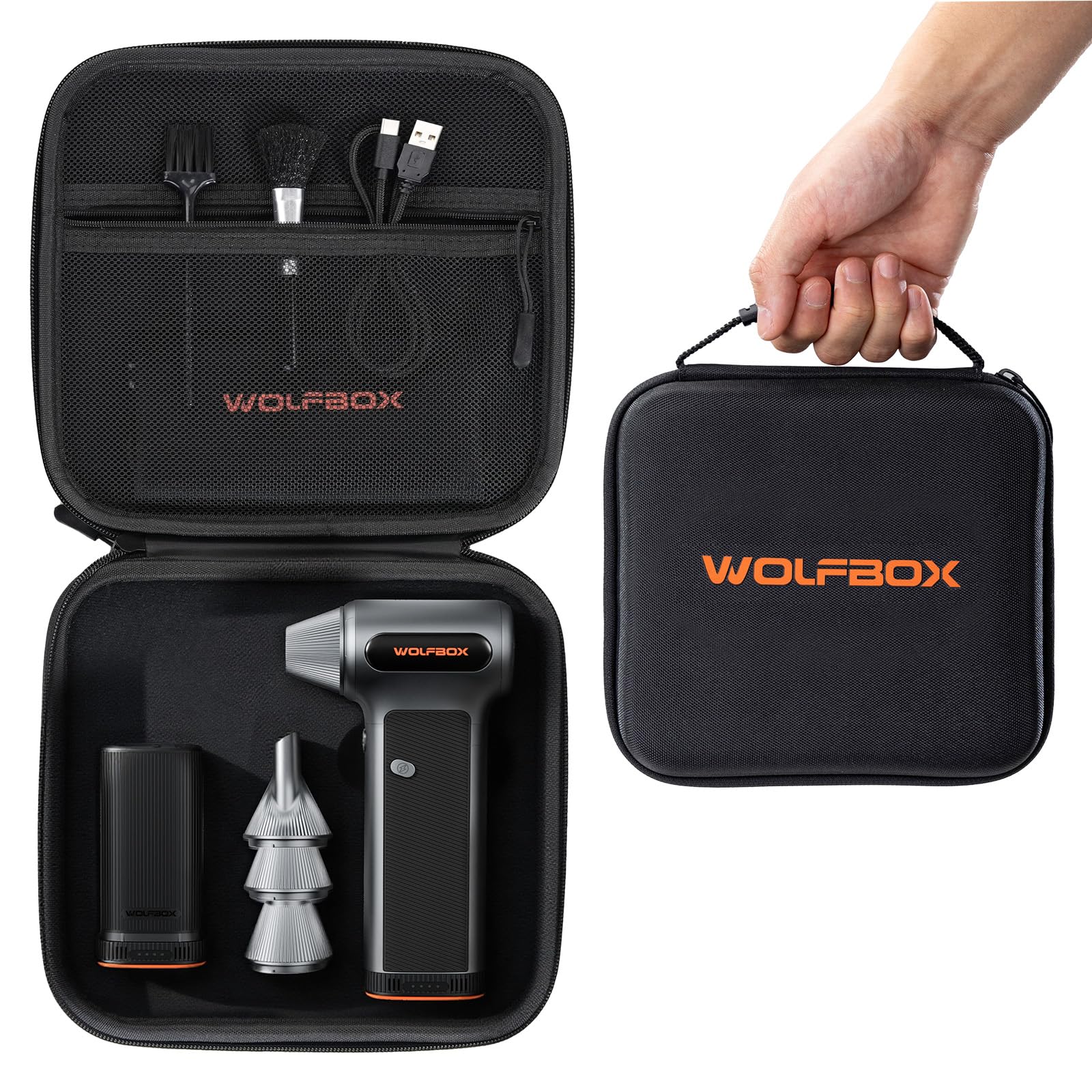 WOLFBOX estuche MF200 frontal mostrando protección rígida y diseño compacto