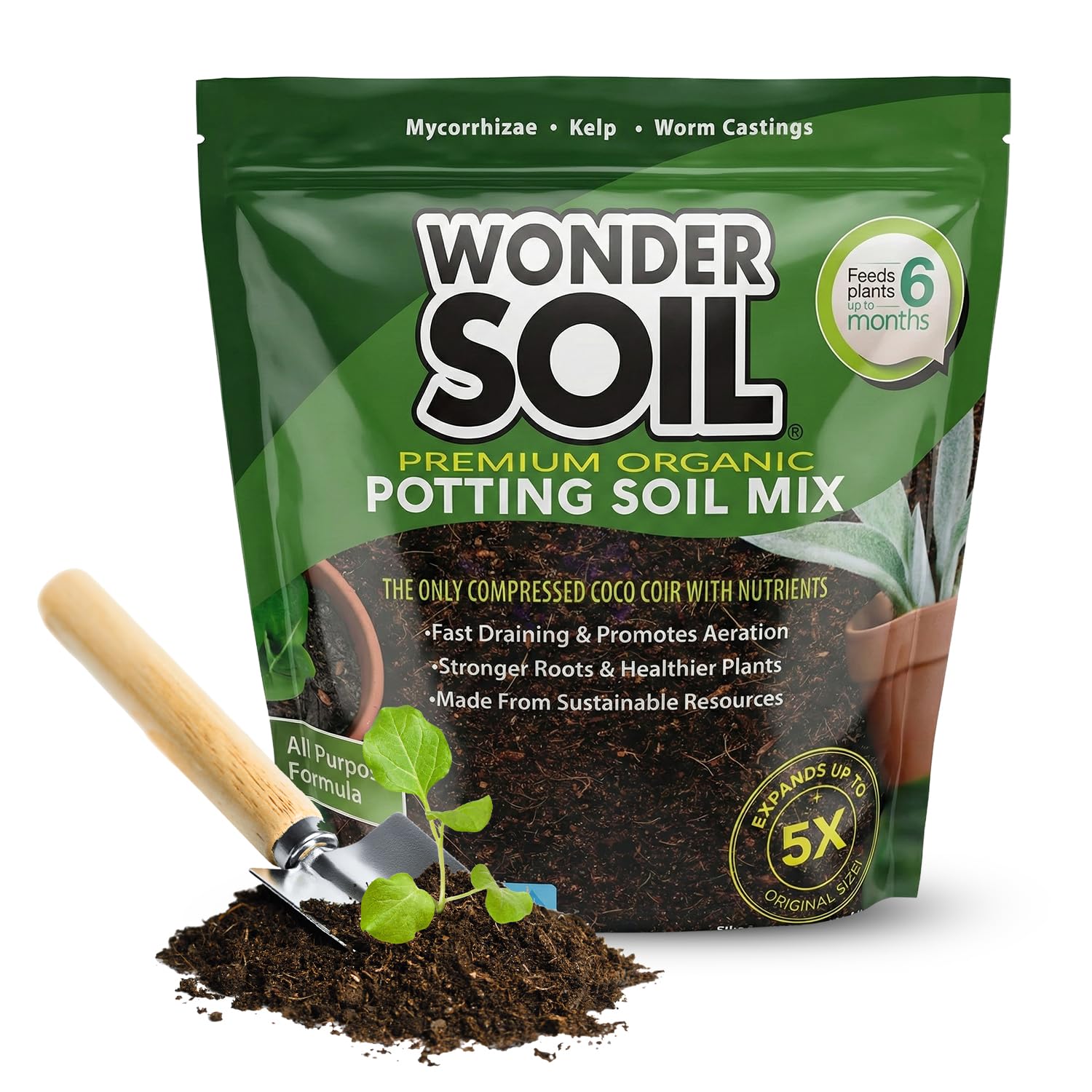 Wonder Soil empaque frontal mostrando tamaño y beneficios